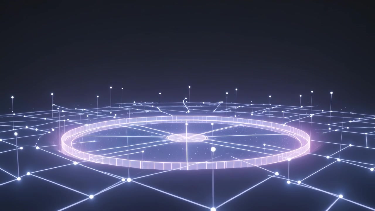Puls efter puls udsender en hologramring og -disk eger over et knudepunktsgitter, der viser indkommende data.