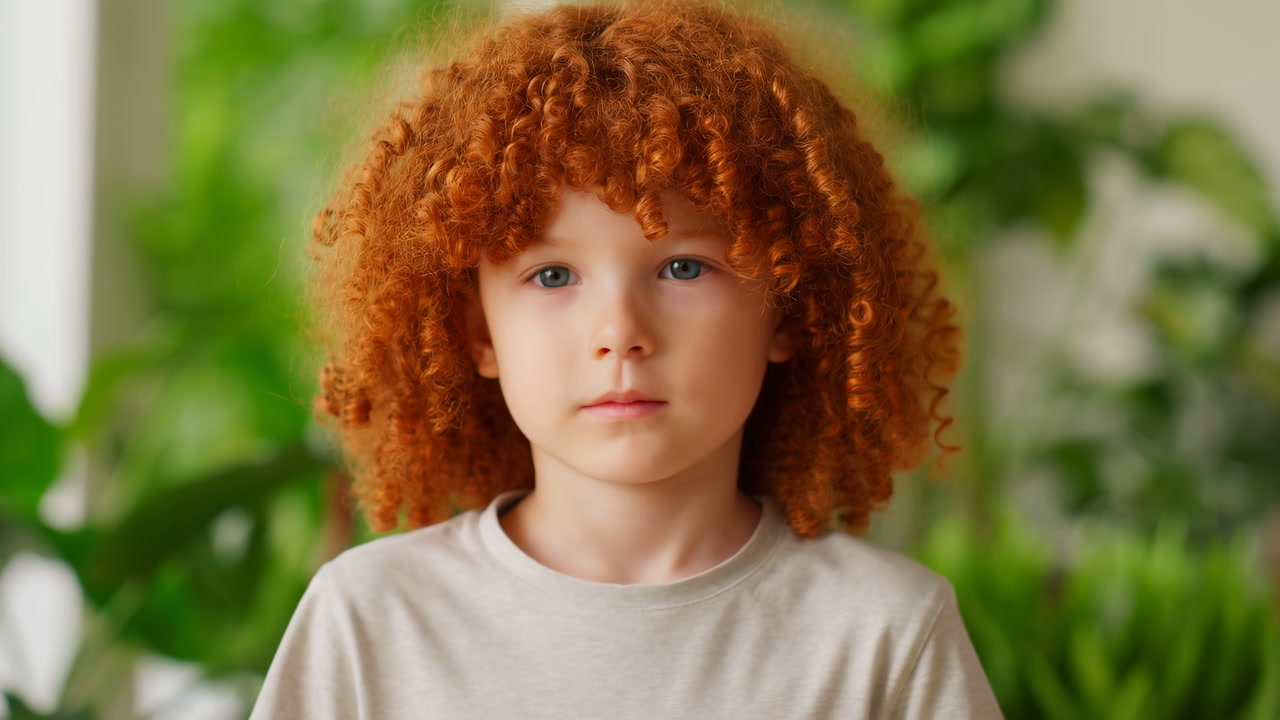 Curly Red Hair White Boy Portrait Indoors Soft Natural Light, Closeup Framing, Neutral Expression, Lush Green