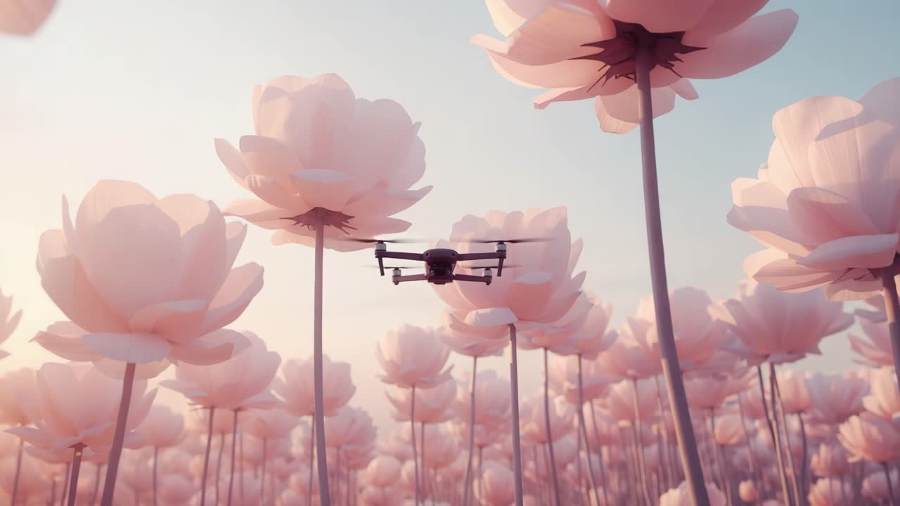 Drone Flying Over a Field of Pink Flowers