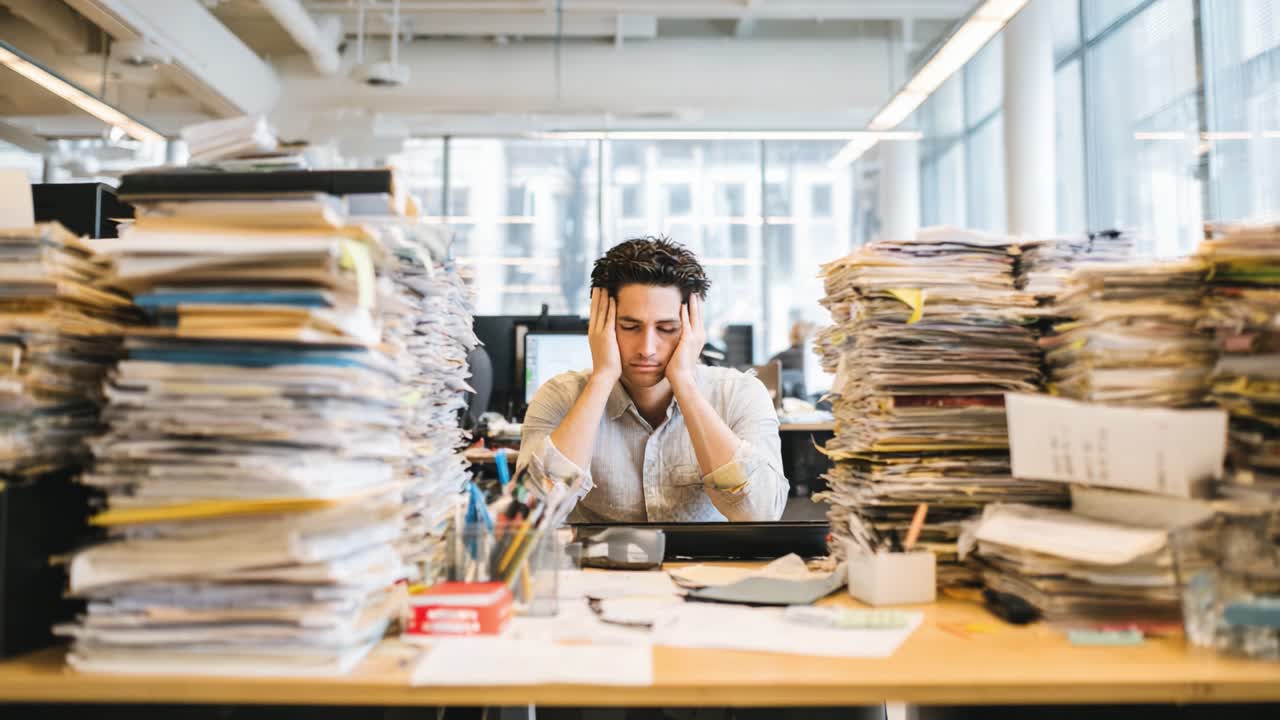 Overwhelmed by Paperwork: A Tired Employee Struggles to Manage a Mountain of Files and Tasks While Sitting at a Cluttered Desk in a Busy Office Environment