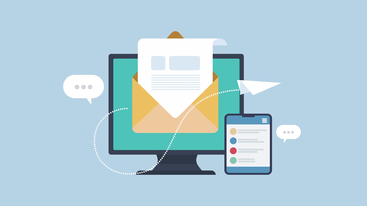 Schermo di computer animato che mostra la sincronizzazione di email e mobile.