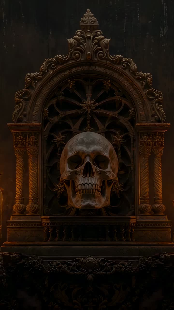 Vertical video: Emerging candle flames casting shadows across archway in crypt, with mounted skull