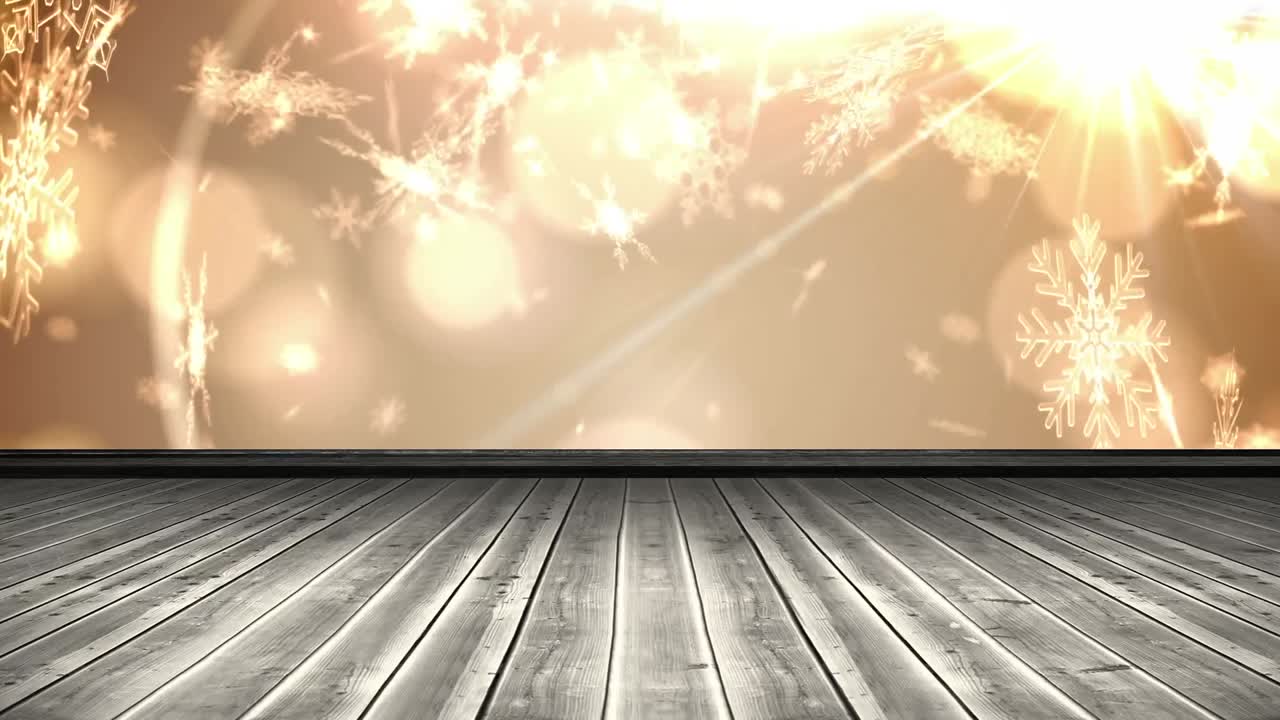 나무 표면과 베이지색 배경에 떨어지는 눈송이의 애니메이션