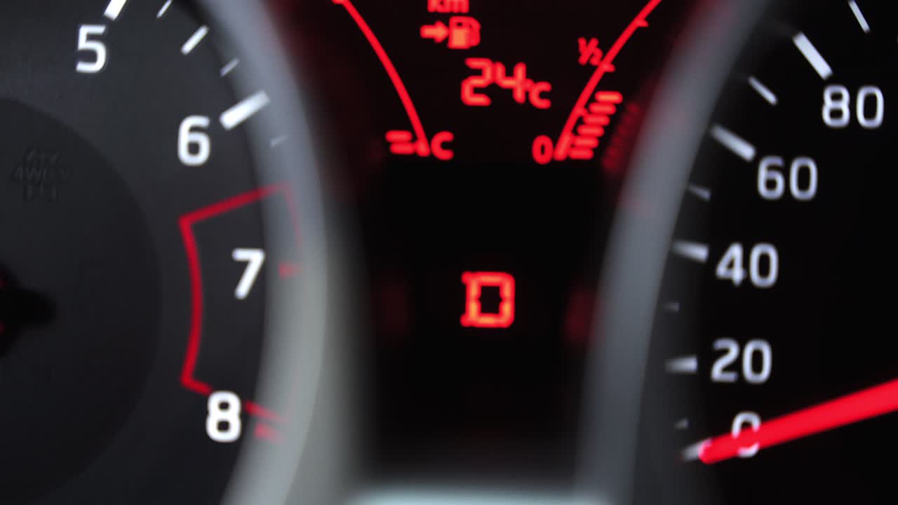 Extreme close-up of a digital vehicle dashboard shifting gears from Reverse to Low. Red illuminated indicators show the gear position, temperature, and fuel levels in a modern car