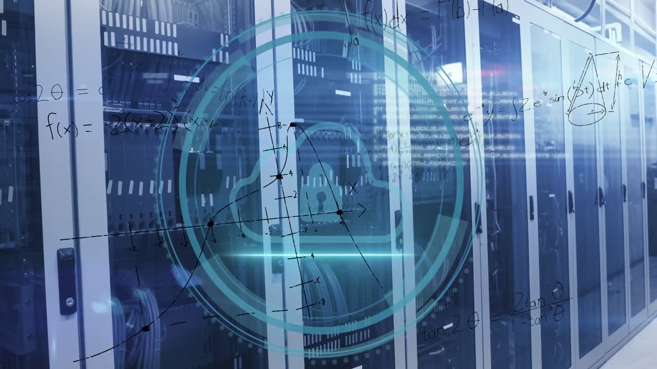 디지털 클라우드와 컴퓨터 서버를 통해 데이터 처리를 통해 범위의 애니메이션.