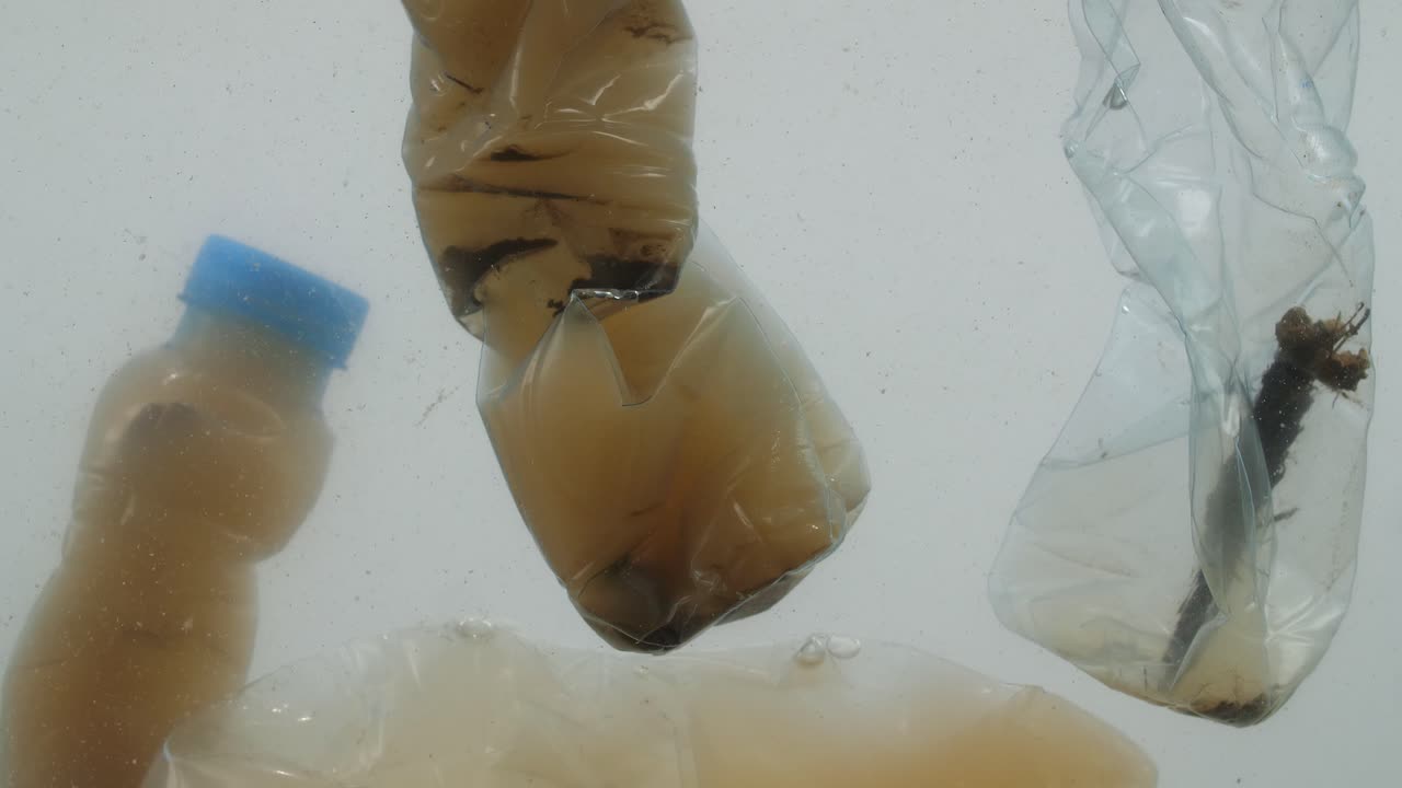 바다에서 플라스틱 오염 문제 개념의 수중 영상