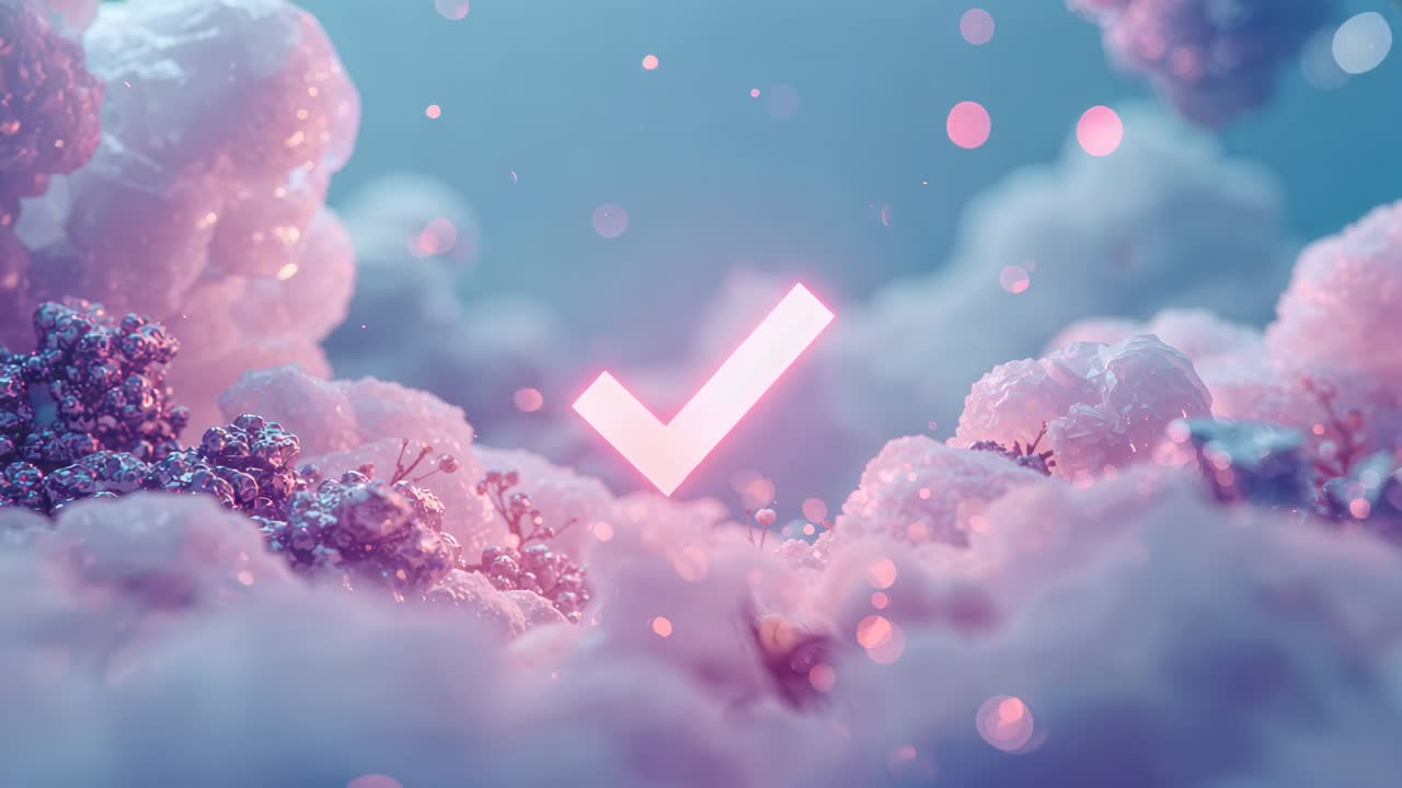 Starting sequence glowing neon checkmark pulsing, lens moving to reveal pastel mounds with bokeh