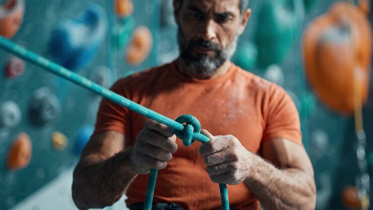 A Focused Climber Tying a Secure Knot with Precision Before Scaling a Vertical Wall at the Indoor Climbing Gym, Emphasizing Strength and Determination