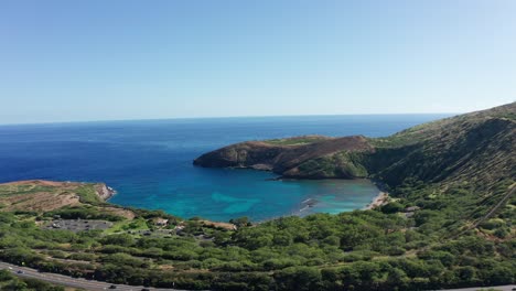 aerial wide push-in shot of hanauma bay nature preserve in o'ahu, hawaii