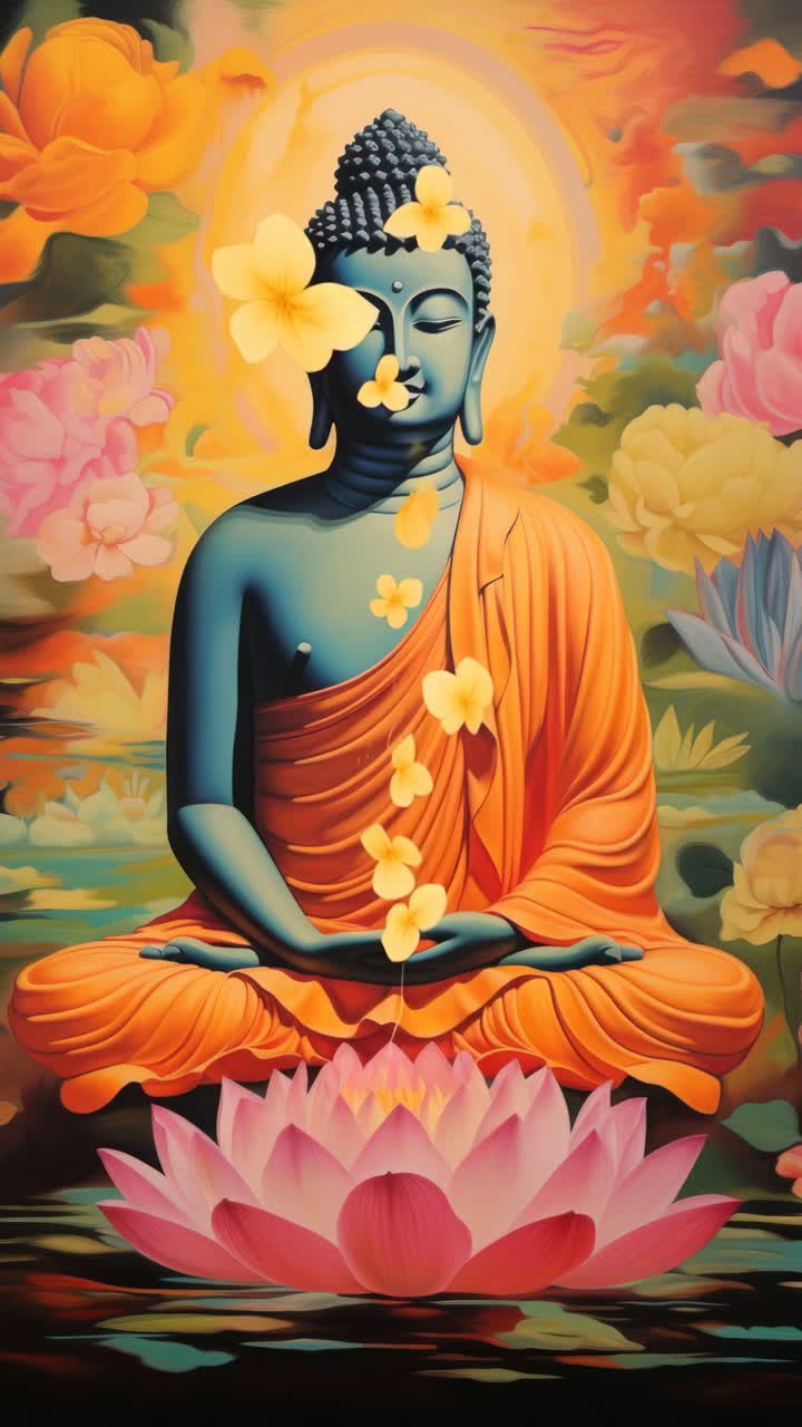 Vibrant video still of a serene Buddha statue, surrounded by colorful flowers, captured from a front