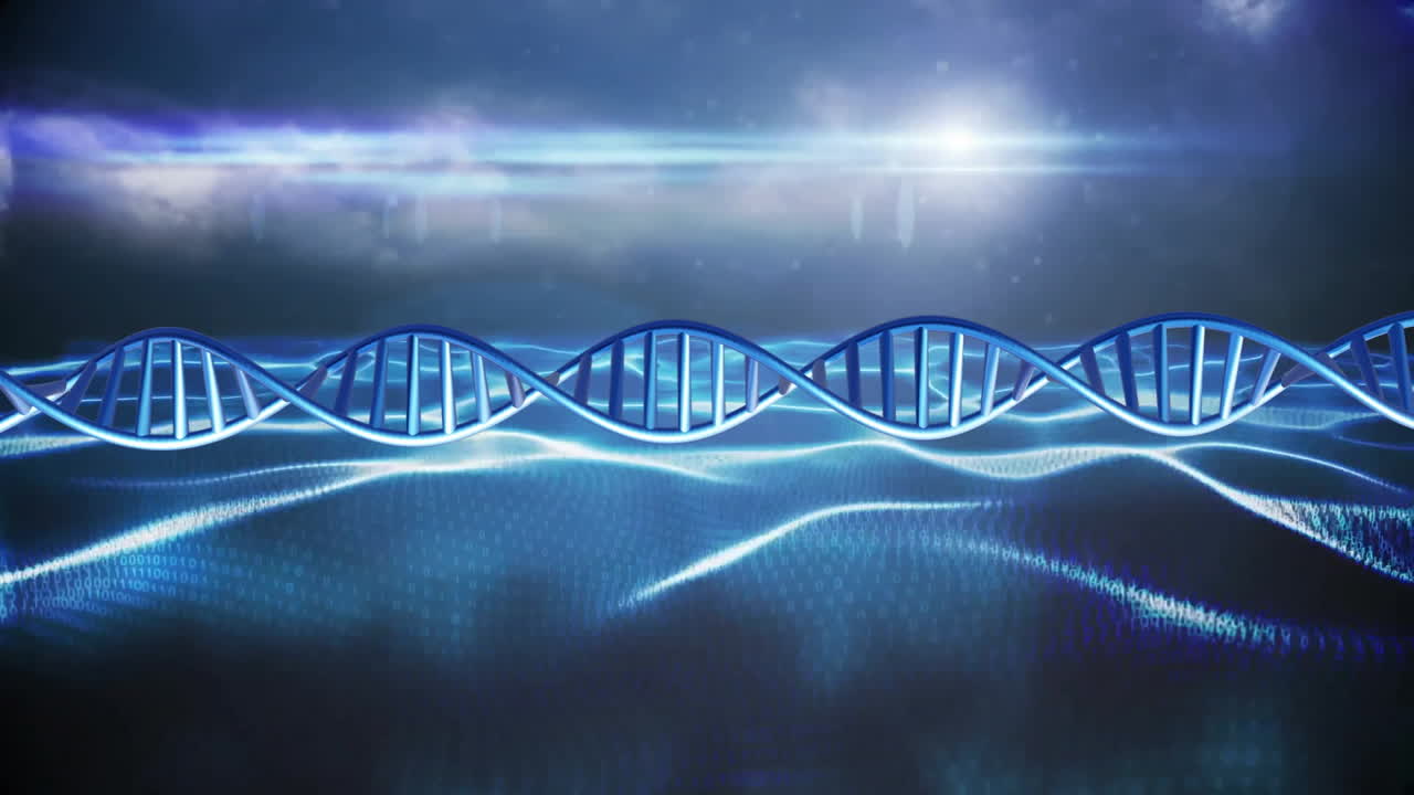 Animation of dna strand and light over waves with data processing on black background