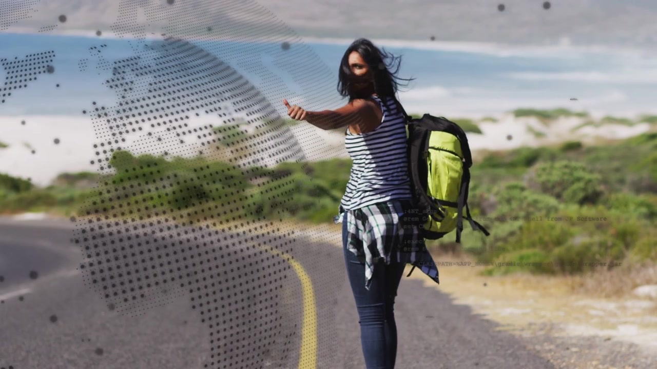 Donna che cammina su una strada, rallenta, si guarda alle spalle e fa l'autostop; zaino color lime, globo punteggiato a sinistra che indica il viaggio.