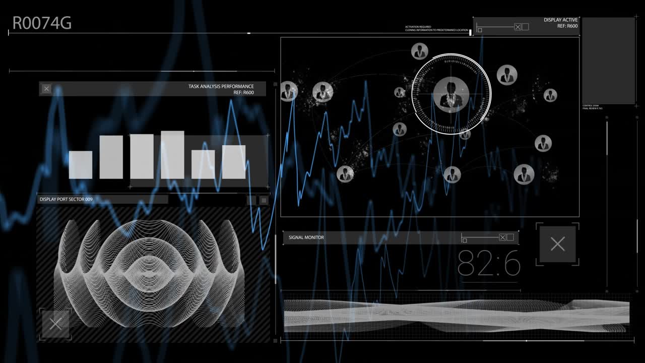 Animation of futuristic data interface with graphs and circular diagrams