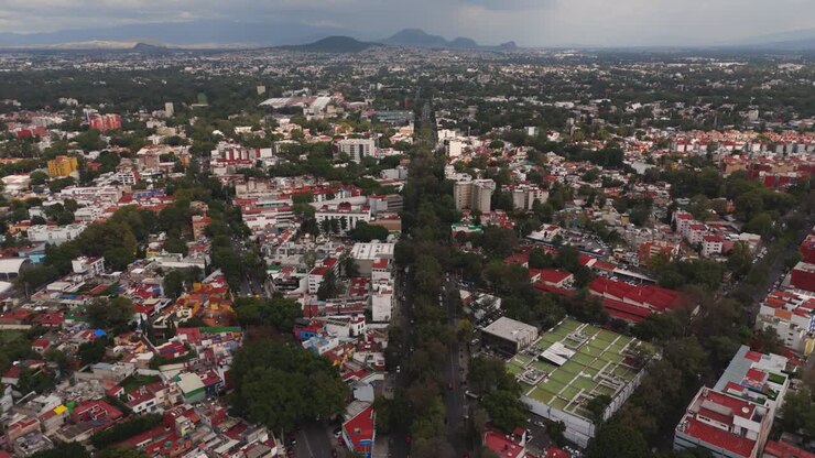 Ripresa aerea che mostra viali alberati a Coyoacan, in Messico