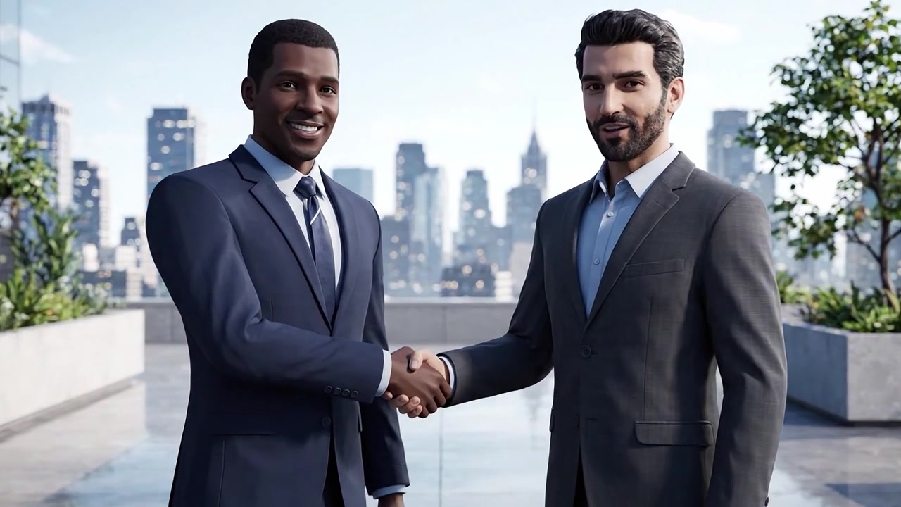 Due professionisti d'affari si stringono la mano con sicurezza sul tetto di un grattacielo, esemplificando networking e partnership di successo in un contesto urbano moderno.
