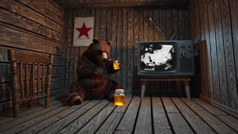 bear watching tv in a rustic cabin