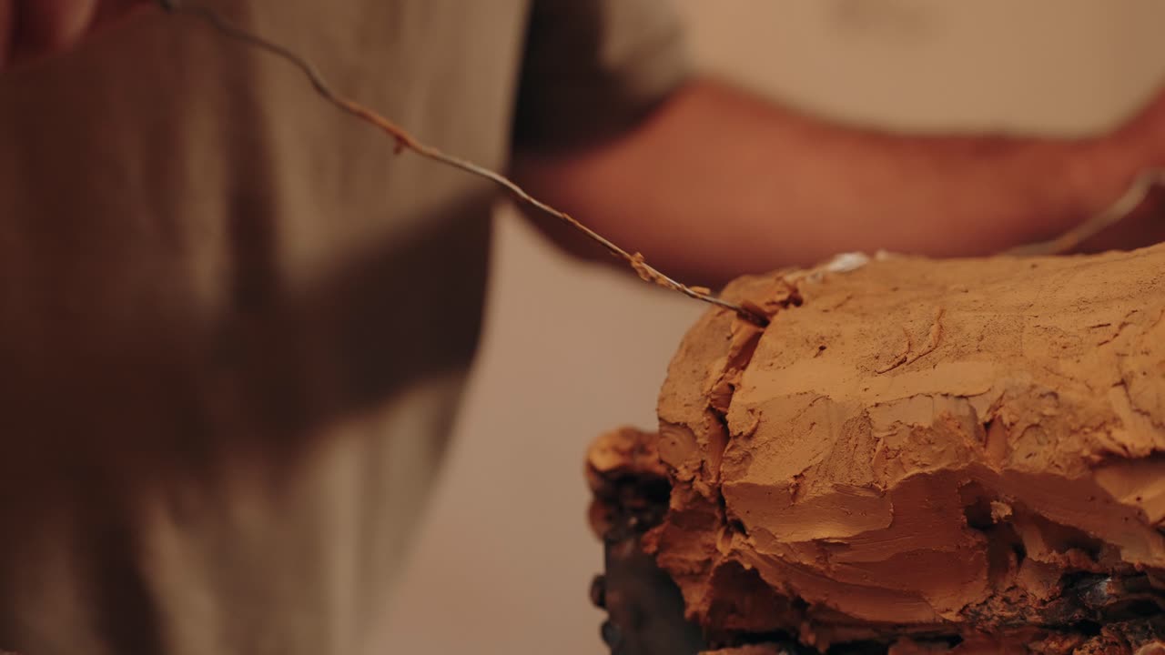 Close up of sculptor shaping clay with precision carving tool