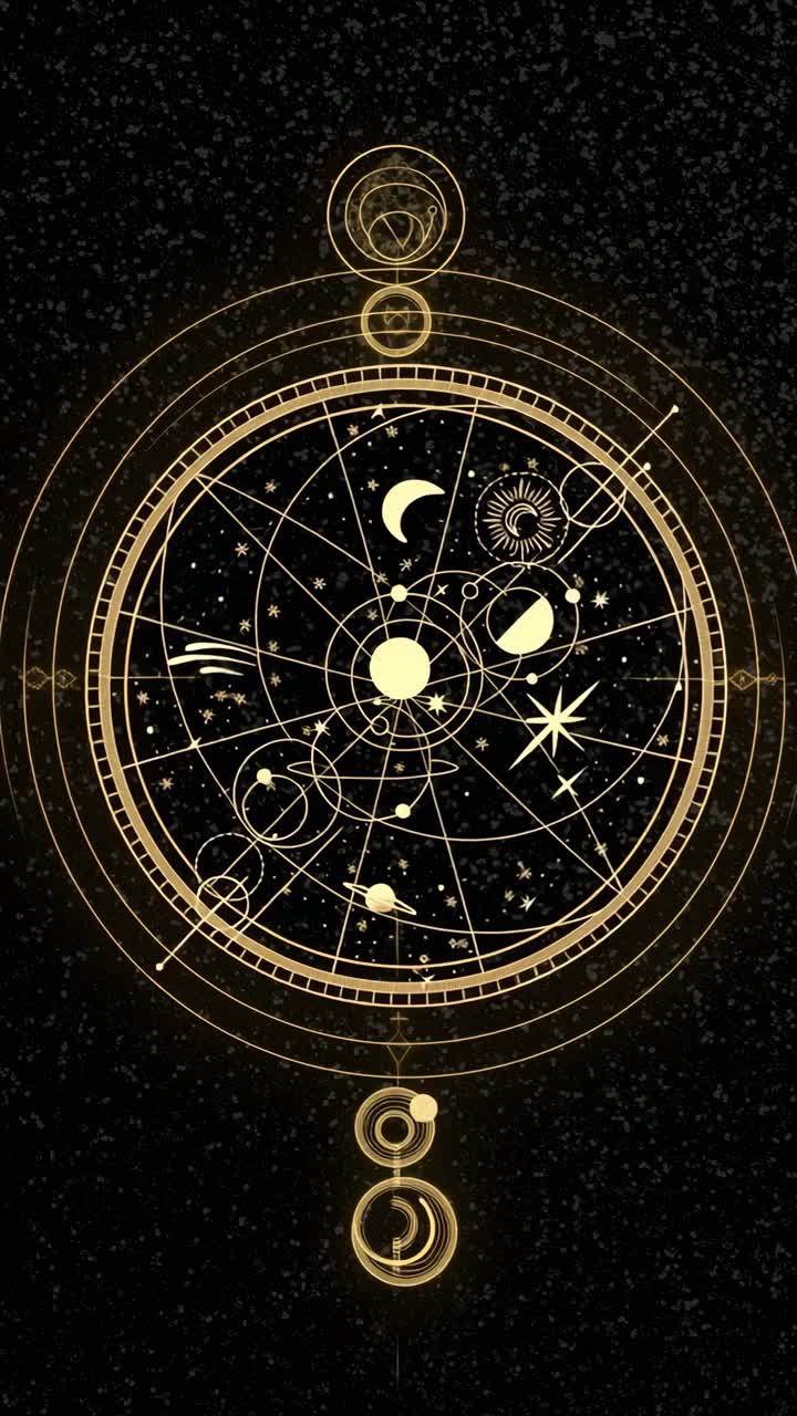 Top-down view of a celestial-themed design with golden astronomical symbols on a dark background