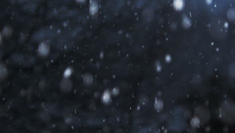 slow-motion closeup of snow falling in the evening, camera panning from left to right slowly