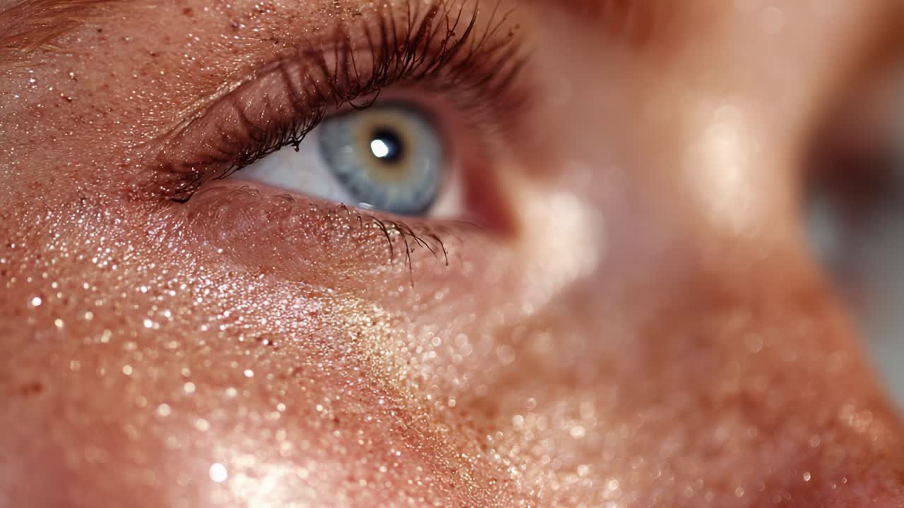 Close-Up of a Glittering Eye with Flawless Skin Texture, Capturing the Radiance and Beauty of Sparkling Makeup and Unique Features in Dynamic Light