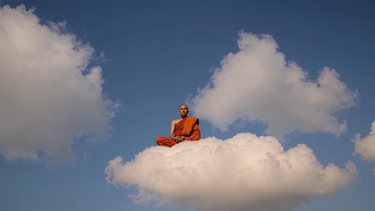 Surreal video concept with a monk meditating on a cloud. Captured from a low angle, the scene blends