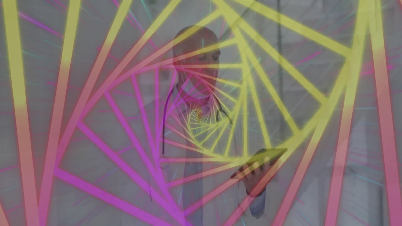 얼굴 마스크를 쓴 백인 여성 의사에 대한 데이터 처리 애니메이션