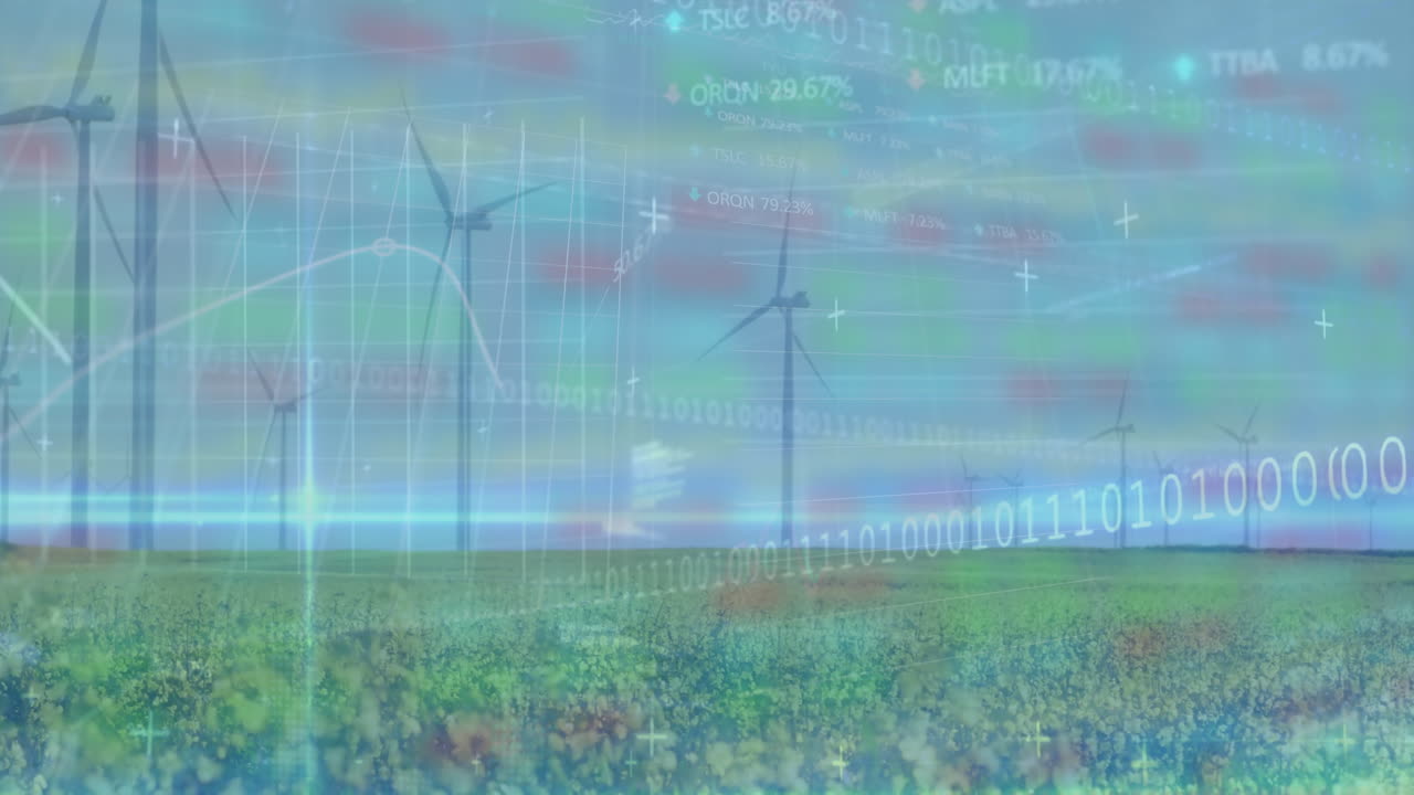 Wind turbines spinning over yellow wildflower field, streaming data charts and binary code overlays
