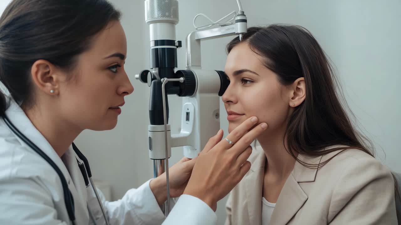 Leaning doctor in white coat aligning patient at slitlamp eyepiece in clinic for exam, copy space