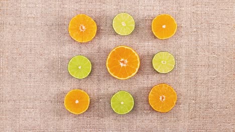 rebanadas de naranjas cítricas y limas girando. detenga el movimiento