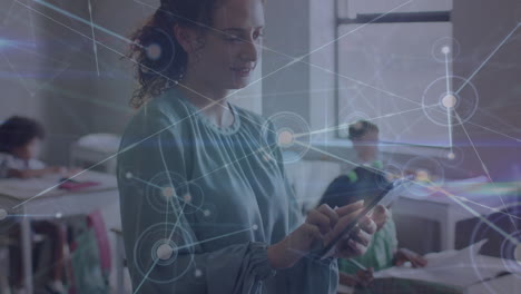 animation of network of connections over caucasian female teacher with tablet and diverse pupils