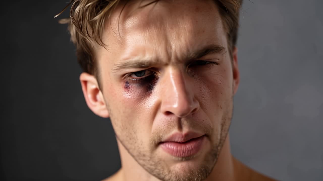 Giovane uomo con occhio livido fissa con calma. Mostra dolore ma resiste con forza. Emotivamente vulnerabile, il suo sguardo è intenso. Da usare per scene di dramma, infortunio o resilienza.
