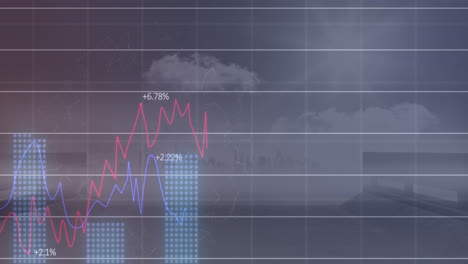 animación del procesamiento de datos financieros sobre el paisaje urbano