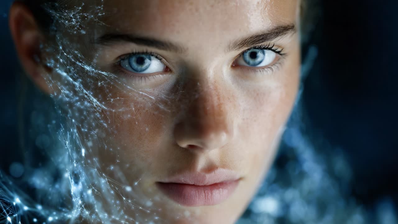 A Stunning Portrait of a Young Woman Surrounded by Digital Light Patterns, Showcasing Her Striking Blue Eyes and Unique Ethereal Glow