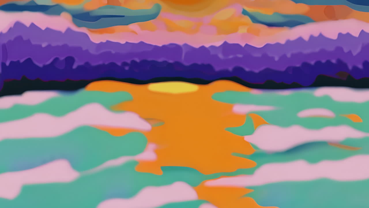 Abstract colorful landscape animation with vibrant hues of orange, purple, and green