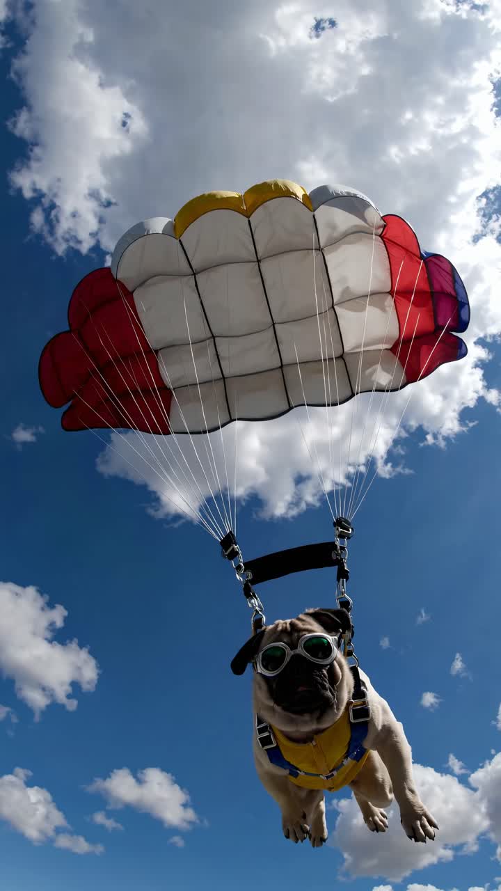 A pug wearing goggles skydiving with a parachute. Low-angle shot captures the thrill. Perfect
