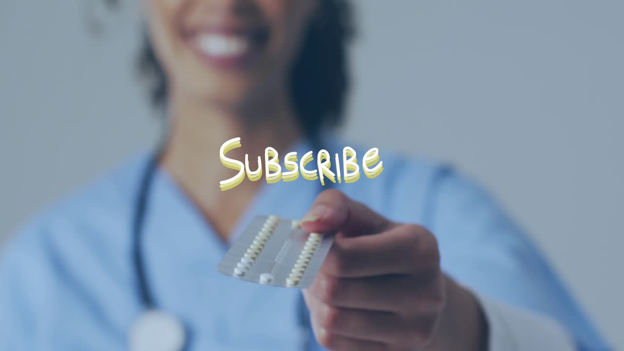 Subscribe overlay appearing animating pastel dashes around nurse with stethoscope holding pills
