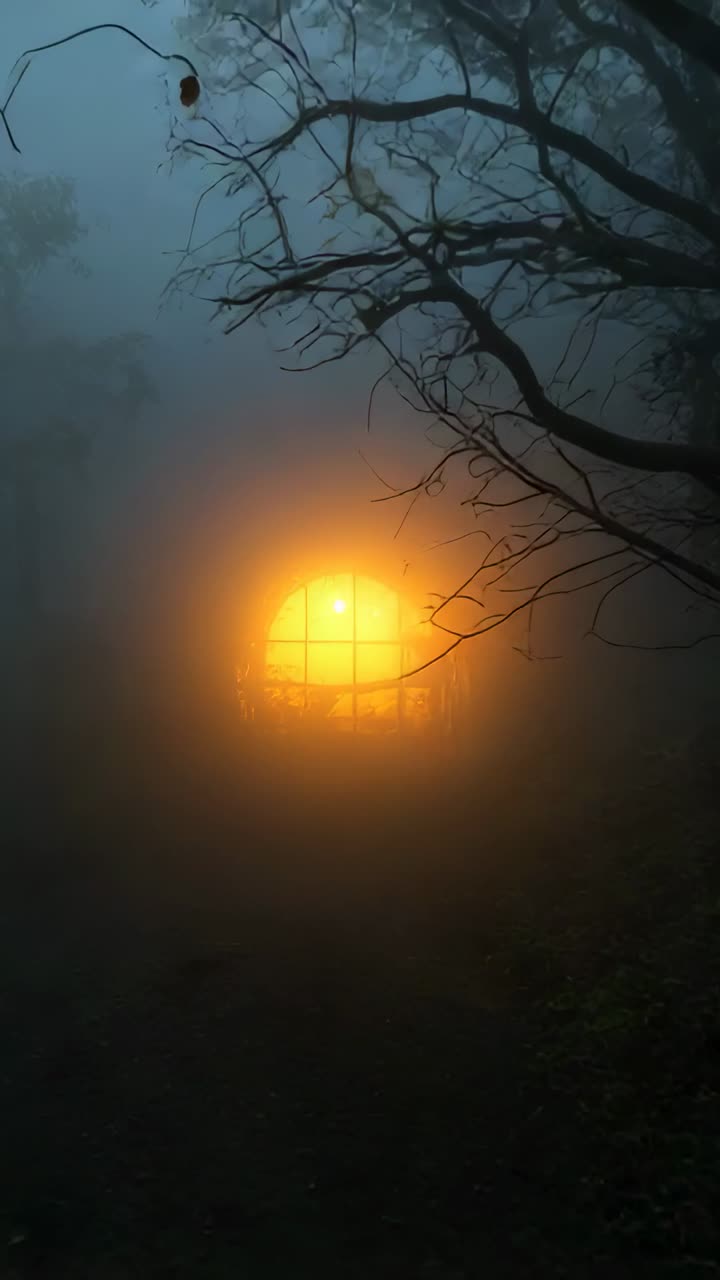 Vertical video: Moving camera after mist clearing forest path, with amber orb glowing behind grid
