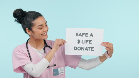 donate, medical sign and woman face of nurse