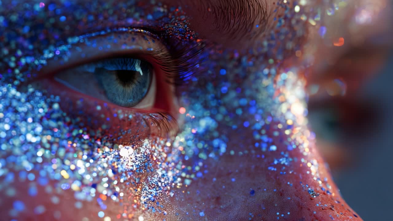 A close-up view of mesmerizing eyes adorned with sparkling glitter, capturing a fascinating interplay of colors and textures on the skin, creating a radiant and vibrant visual experience
