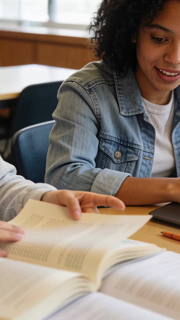 Vertikal video: Starter studie, venstre student blar i sider mens høyre taster på laptop i klasserommet, i dongeri.