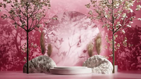 Diseño-De-Soporte-De-Exhibición-De-Productos-De-árboles-De-Bosque-Natural-Con-Sombra-De-Hojas-De-árbol-En-Animación-De-Renderizado-3d,-Descuento-De-Venta-De-Sitio-Web-De-Comercio-Electrónico-Para-Productos-Naturales-Fondo-Rojo-Atardecer