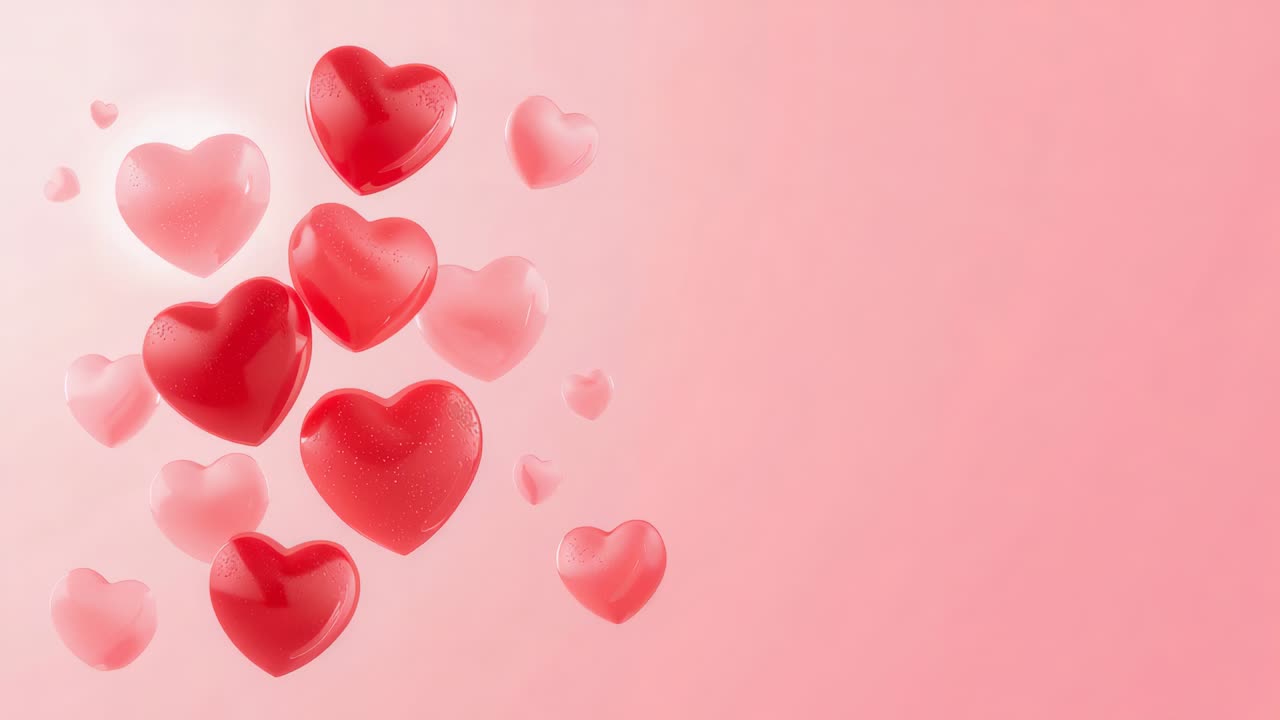 Anello iniziale rosso lucido, colonna a forma di cuore rosa trasparente che sale a sinistra sullo sfondo creando un anello, spazio per il testo