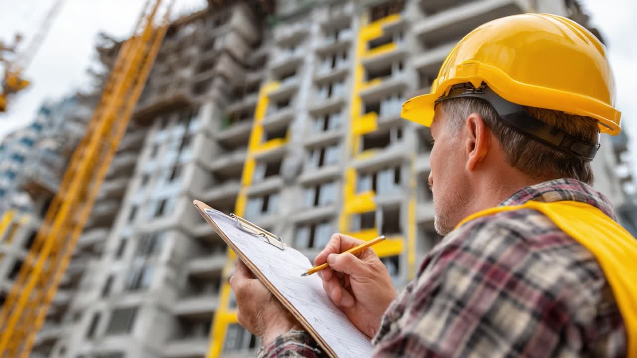 A Construction Supervisor Monitoring Progress and Documenting Observations at a Multi-story Building Site with Safety Helmet and Clip Board in Hand