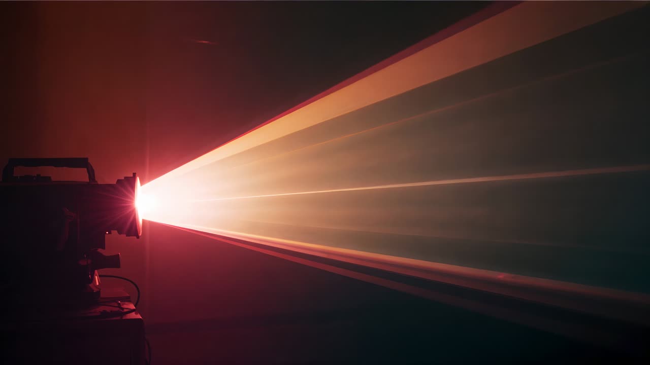 Camera starting orbiting vintage film projector in misty room, showing rotating lens and beam