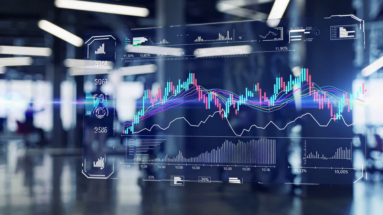 Concept video futuristico che mostra grafici finanziari e sovrapposizioni di dati in un ambiente aziendale.