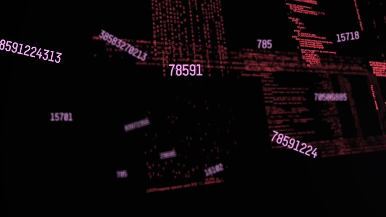 Animation of lens flares over looping changing numbers and computer language on black background