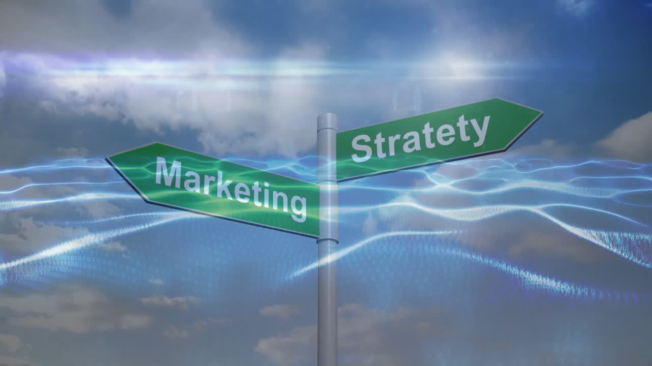 Animation of marketing strategy signpost with dynamic cloud and light effects