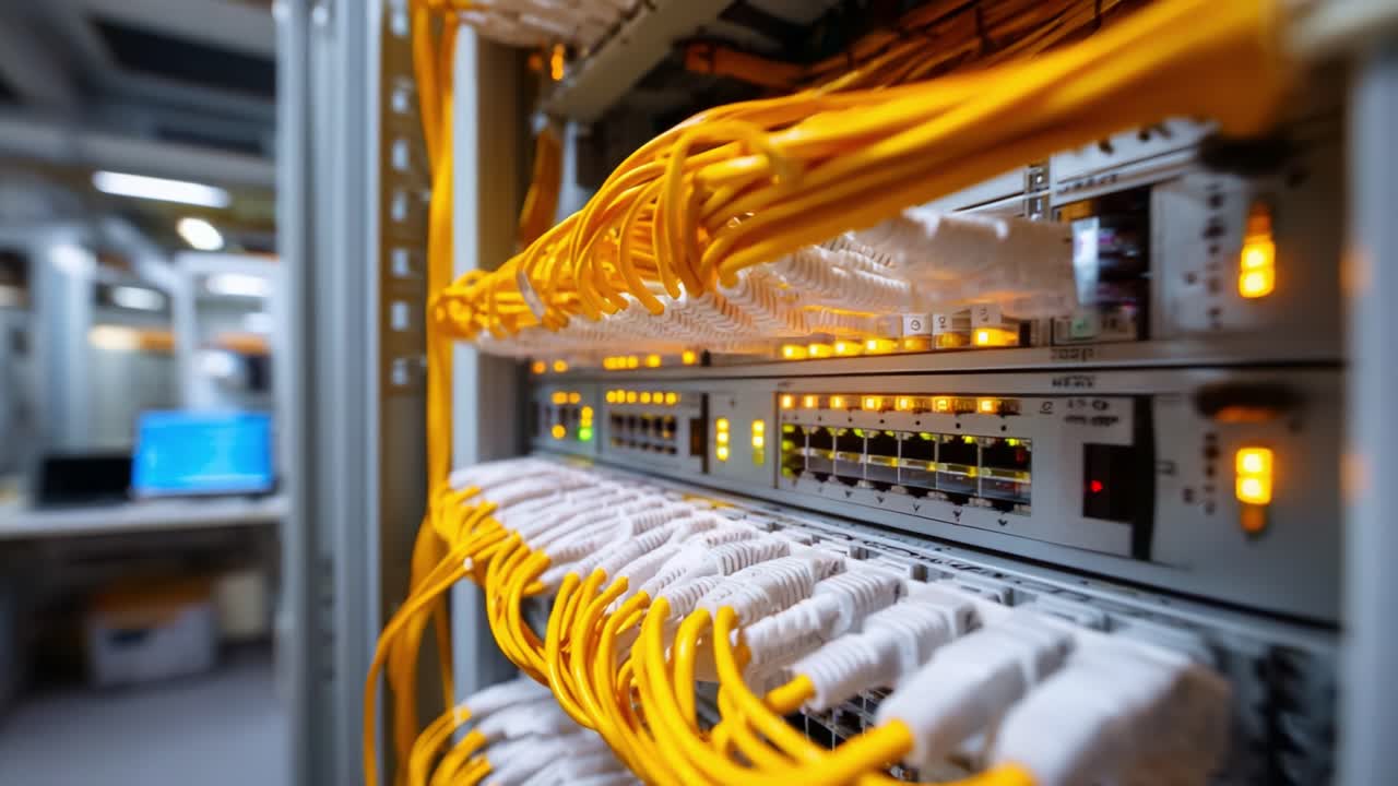 Close-Up of Network Switch with Bright Yellow Ethernet Cables and Indicators in a Data Center Environment, Showcasing Modern Networking Technology