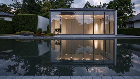 glass pavilion reflecting sunset light in zen garden, mirroring tranquil landscape with verdant greenery and manicured hedges, embodying minimalist architectural harmony