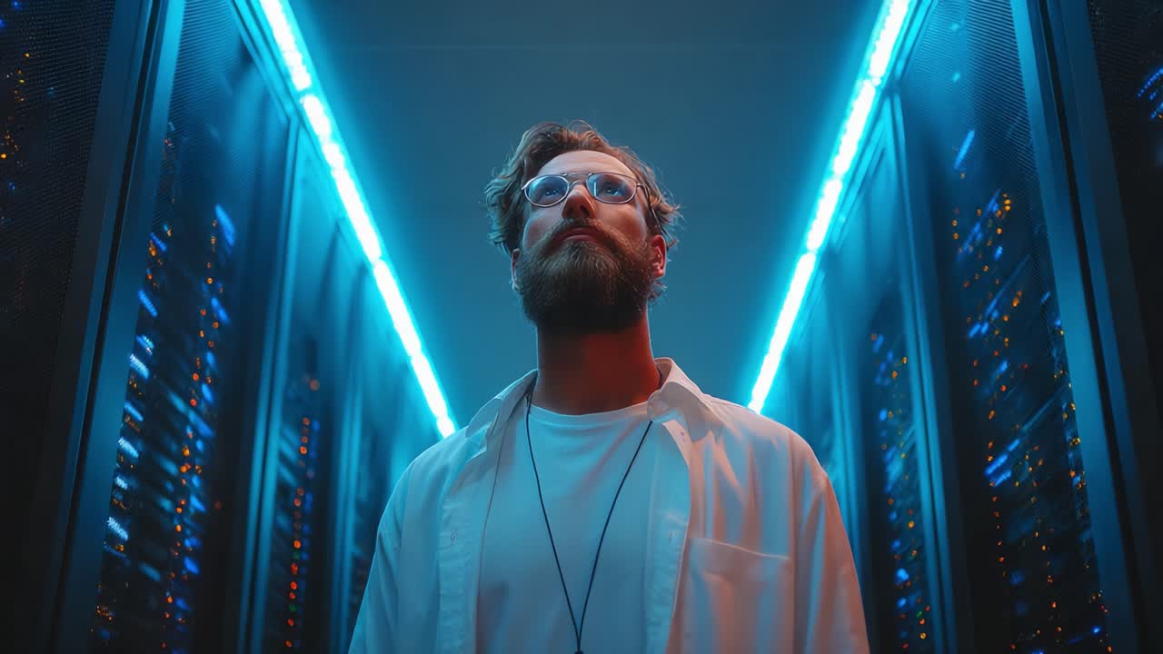 Una figura contemplativa si erge in un centro dati futuristico, illuminata da una sorprendente illuminazione blu, evidenziando l'intersezione tra tecnologia e presenza umana nell'era digitale.